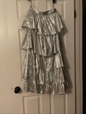 ANTONIO MELANI Silver Tiered Ruffle Maxi Skirt